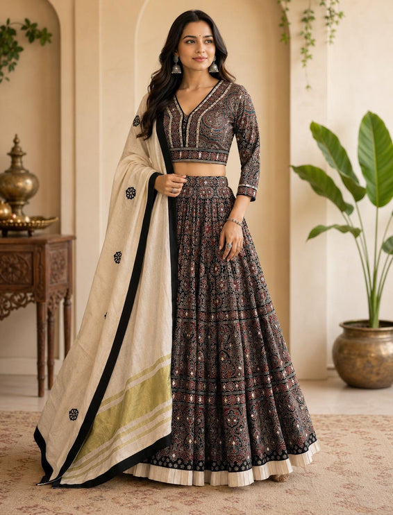 Designer Modal Silk Lehenga Set | Embroidered and Mirror work l - Black