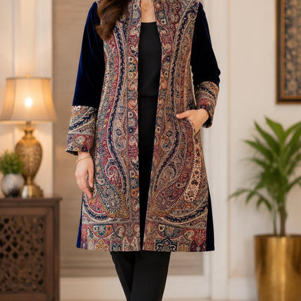 Kani Jamawar Wool & Velvet Jacket | Kashmir Paisley Artwear Size- Medium - AAN- 1866-240