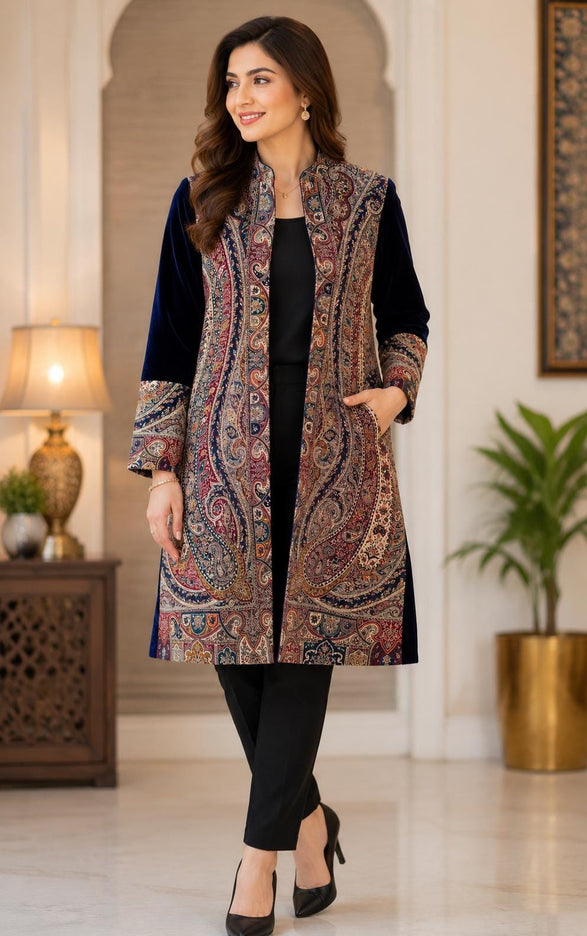 Kani Jamawar Wool & Velvet Jacket | Kashmir Paisley Artwear Size- Medium - AAN- 1866-240