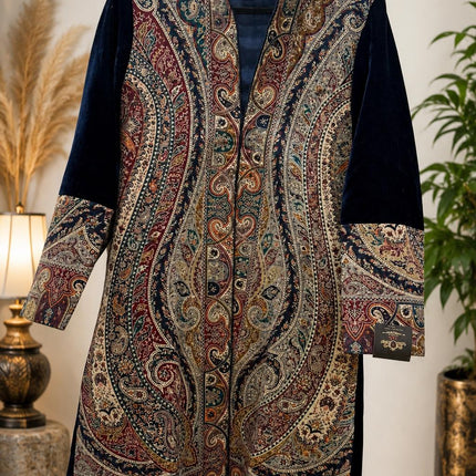 Kani Jamawar Wool & Velvet Jacket | Kashmir Paisley Artwear Size- Medium