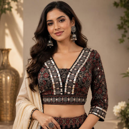 Designer Modal Silk Lehenga Set | Embroidered and Mirror work l - Black
