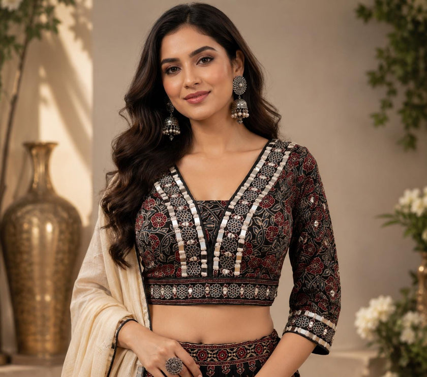 Designer Modal Silk Lehenga Set | Embroidered and Mirror work l - Black