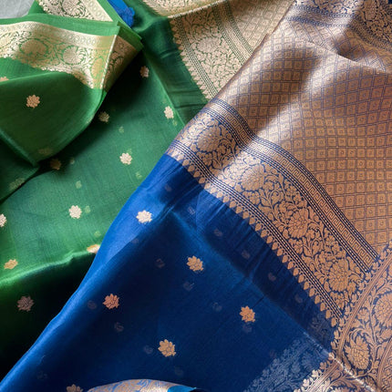 Banarasi Katan Organza Silk Saree – Blue-Green , Zari Border, Handloom SILK MARK CERTIFIED