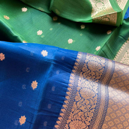 Banarasi Katan Organza Silk Saree – Blue-Green , Zari Border, Handloom SILK MARK CERTIFIED