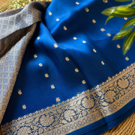 Banarasi Katan Organza Silk Saree – Blue-Green , Zari Border, Handloom SILK MARK CERTIFIED