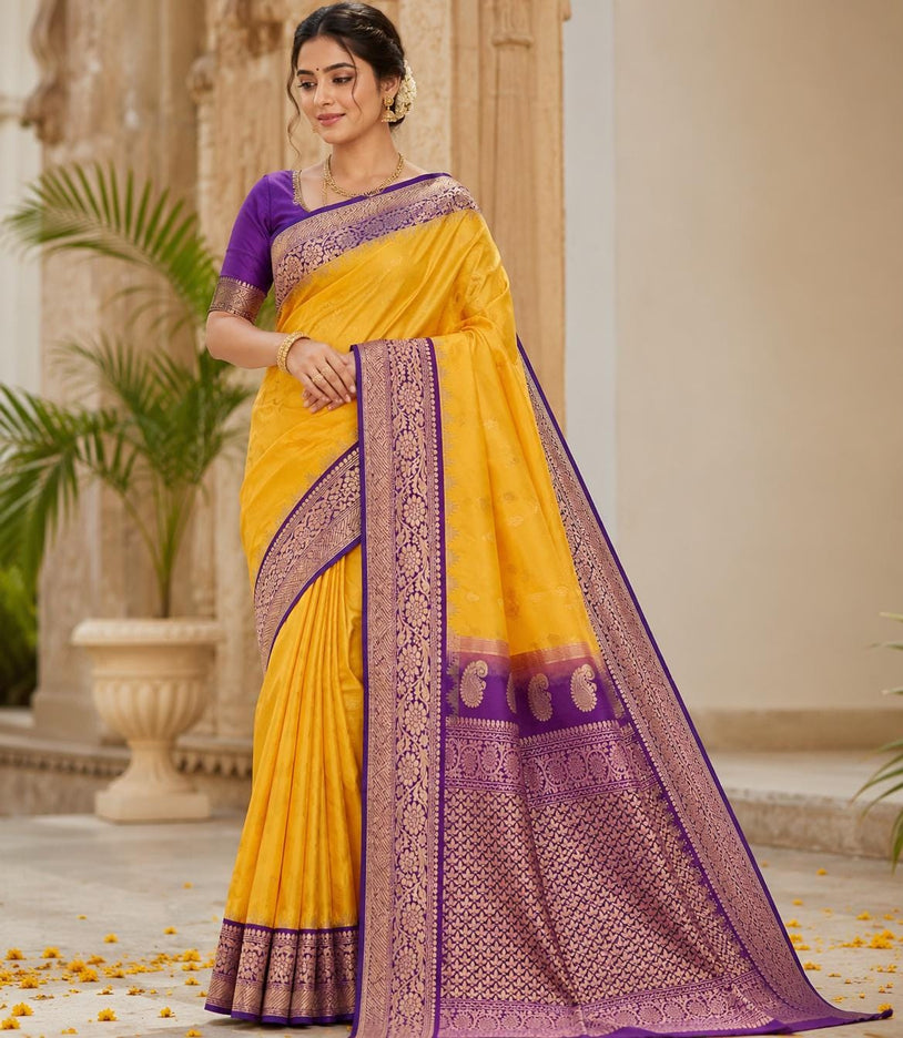 Pure Gadwal semi-Silk Saree | Silk | Bright Yellow with Purple border