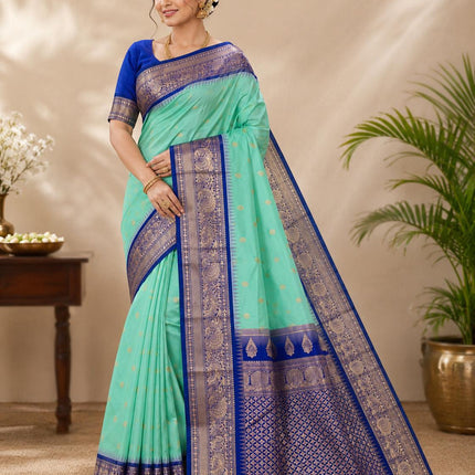 Pure handloom Gadwal semi-Silk Saree | Silk | Seagreen with Ink Blue border