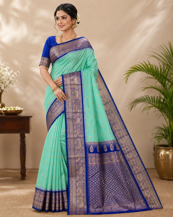 Pure handloom Gadwal semi-Silk Saree | Silk | Seagreen with Ink Blue border