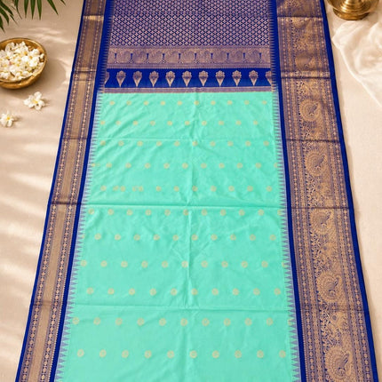 Pure handloom Gadwal semi-Silk Saree | Silk | Seagreen with Ink Blue border