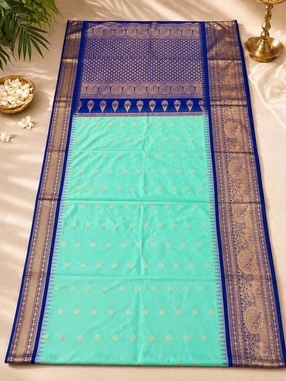 Pure handloom Gadwal semi-Silk Saree | Silk | Seagreen with Ink Blue border
