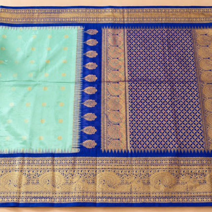 Pure handloom Gadwal semi-Silk Saree | Silk | Seagreen with Ink Blue border