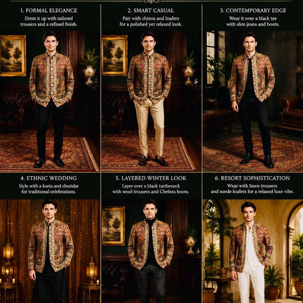 Mens Kani Jamawar Jodhpuri style Jacket, Woven Paisley . US sizes 38-46