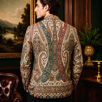 Mens Kani Jamawar Jodhpuri style Jacket, Woven Paisley . US sizes 38-44