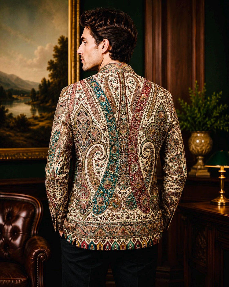 Mens Kani Jamawar Jodhpuri style Jacket, Woven Paisley . US sizes 38-44