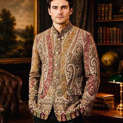 Mens Kani Jamawar Jodhpuri style Jacket, Woven Paisley . US sizes 38-44