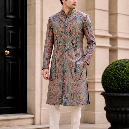 Mens Kani Jamawar Jodhpuri style sherwani - Indo western Jacket, embroidered Paisley size 42,46 - Size 38