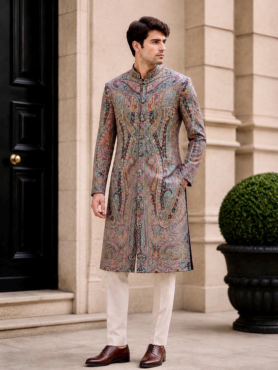Mens Kani Jamawar Jodhpuri style sherwani - Indo western Jacket, embroidered Paisley size 42,46 - Size 38