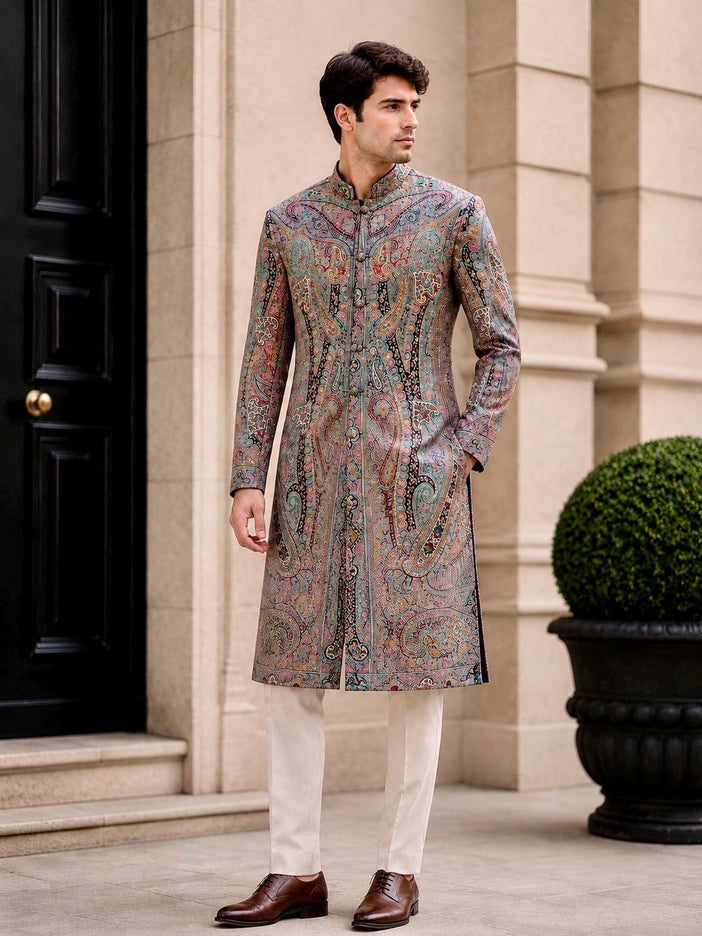 Mens Kani Jamawar Jodhpuri style sherwani - Indo western Jacket, embroidered Paisley size 42,46 - Size 38