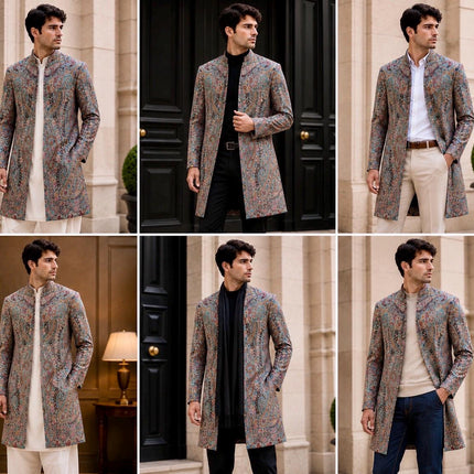 Mens Kani Jamawar Jodhpuri style sherwani - Indo western Jacket, embroidered Paisley size 42,46