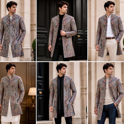 Mens Kani Jamawar Jodhpuri style sherwani - Indo western Jacket, embroidered Paisley size 42,46
