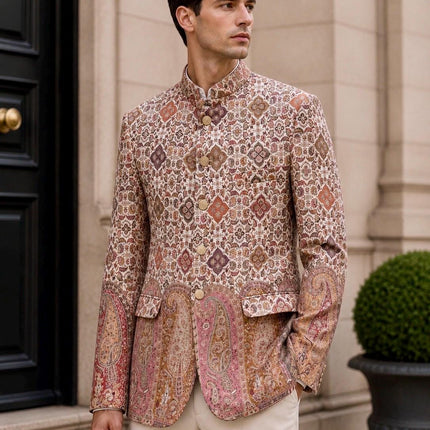 Mens Kani Pashmina Jamawar Jodhpuri style Jacket, Woven Paisley, Mandarin Collar size 42