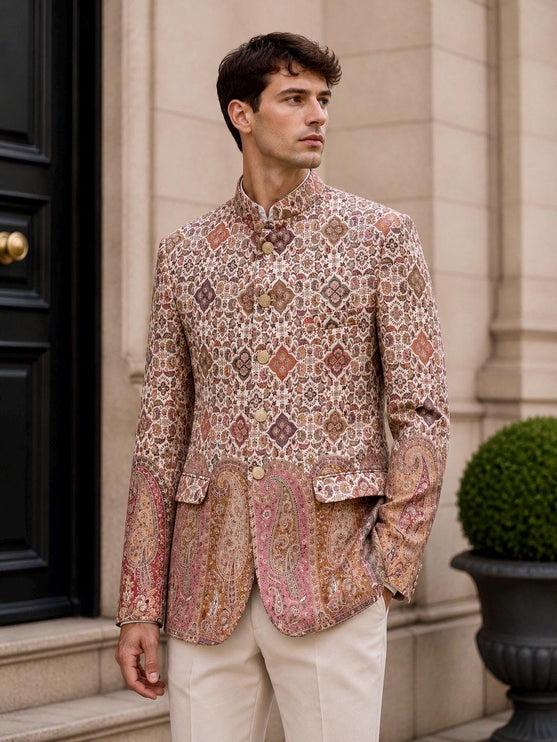 Mens Kani Pashmina Jamawar Jodhpuri style Jacket, Woven Paisley, Mandarin Collar size 42