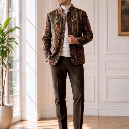 Mens Kani kalamkari Jamawar Jodhpuri style Jacket, Woven Paisley 42,44