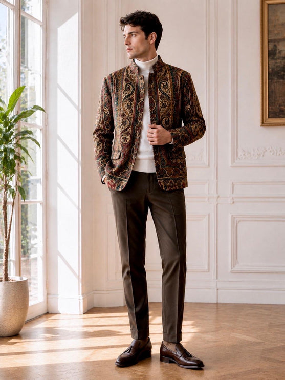 Mens Kani kalamkari Jamawar Jodhpuri style Jacket, Woven Paisley 42,44