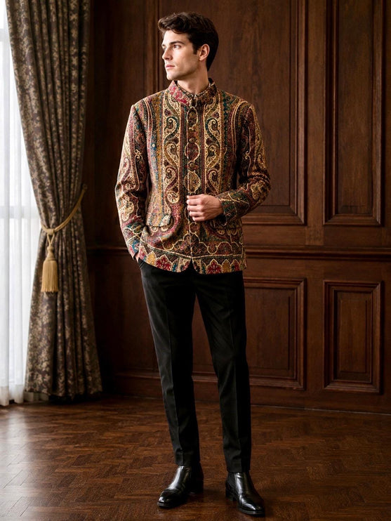 Mens Kani kalamkari Jamawar Jodhpuri style Jacket, Woven Paisley 42,44