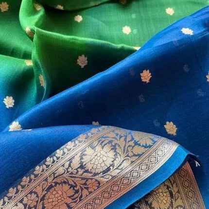 Banarasi Katan Organza Silk Saree – Blue-Green , Zari Border, Handloom SILK MARK CERTIFIED