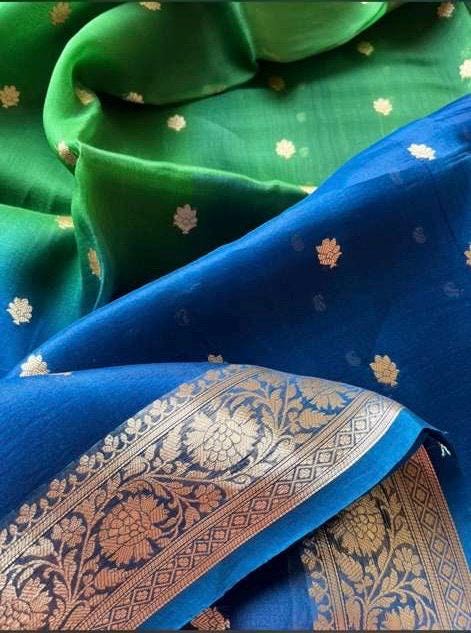 Banarasi Katan Organza Silk Saree – Blue-Green , Zari Border, Handloom SILK MARK CERTIFIED