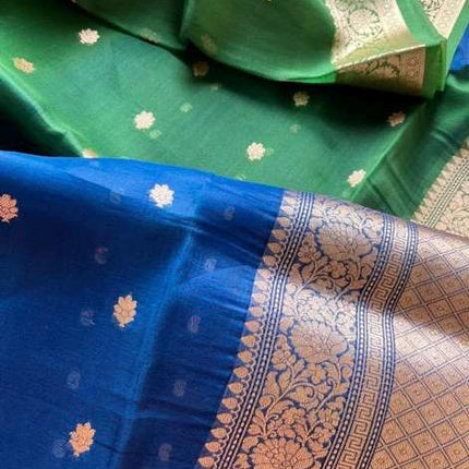 Banarasi Katan Organza Silk Saree – Blue-Green , Zari Border, Handloom SILK MARK CERTIFIED