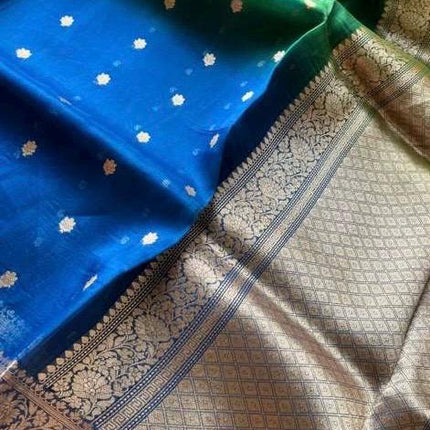 Banarasi Katan Organza Silk Saree – Blue-Green , Zari Border, Handloom SILK MARK CERTIFIED