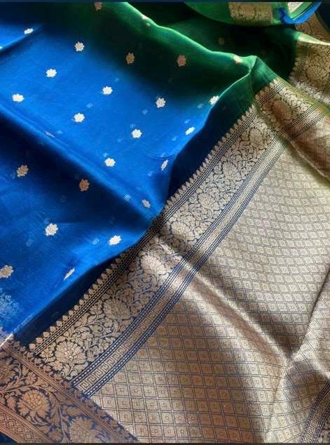 Banarasi Katan Organza Silk Saree – Blue-Green , Zari Border, Handloom SILK MARK CERTIFIED