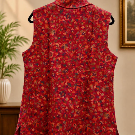 Kani Jamawar Men's Woven Waistcoat, Structured Slim Fit, Red Kalamkari Statement Fashion Wear