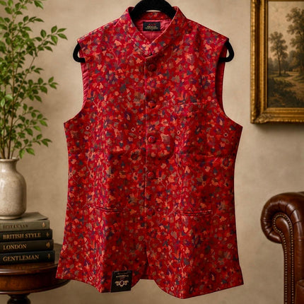 Kani Jamawar Men's Woven Waistcoat, Structured Slim Fit, Red Kalamkari Statement Fashion Wear