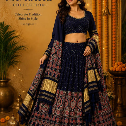 Designer Modal Silk Lehenga Set | - Navy Blue