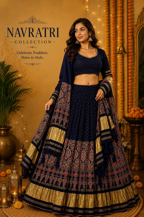 Designer Modal Silk Lehenga Set | - Navy Blue