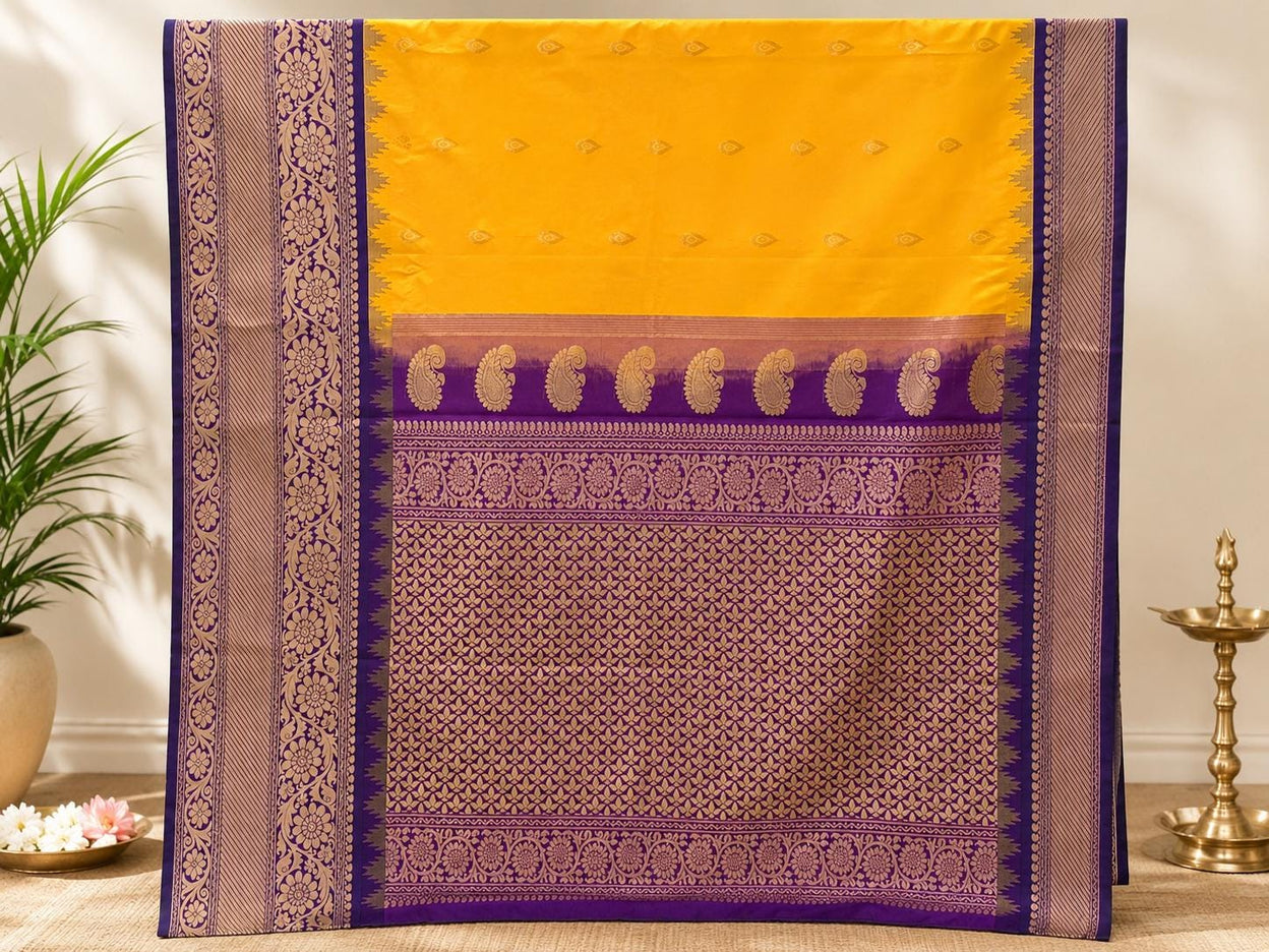 Pure Gadwal semi-Silk Saree | Silk | Bright Yellow with Purple border