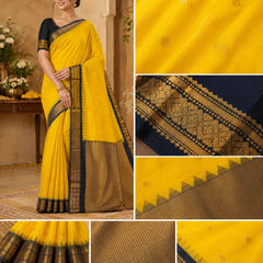 Handloom Gadwal Silk Saree | Yellow with Black Border, Silk Mark Certified