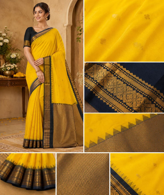 Handloom Gadwal Silk Saree | Yellow with Black Border, Silk Mark Certified