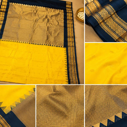 Handloom Gadwal Silk Saree | Yellow with Black Border, Silk Mark Certified