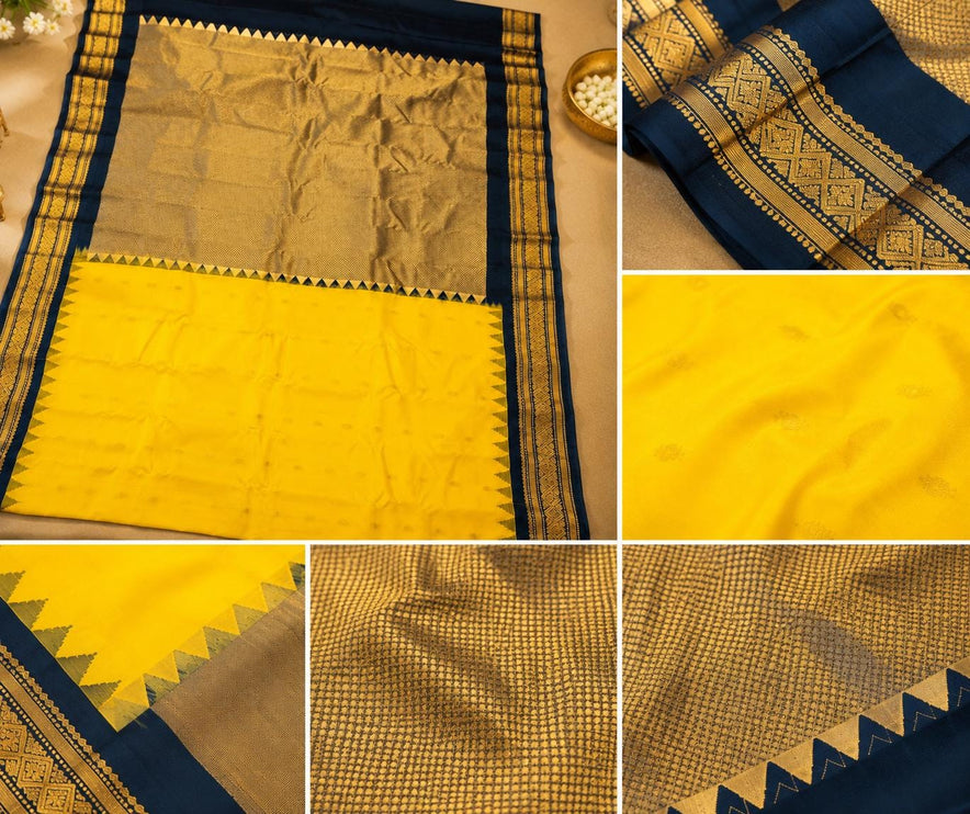 Handloom Gadwal Silk Saree | Yellow with Black Border, Silk Mark Certified