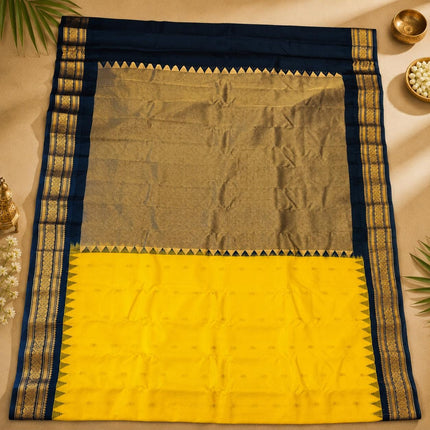 Handloom Gadwal Silk Saree | Yellow with Black Border, Silk Mark Certified
