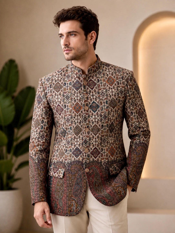 Mens Kani Jamawar Jodhpuri style Jacket, Woven Paisley . US sizes 38-48 - size 38