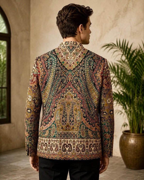 Mens Kani Jamawar Jodhpuri style Jacket, Woven Paisley . US sizes 38-46