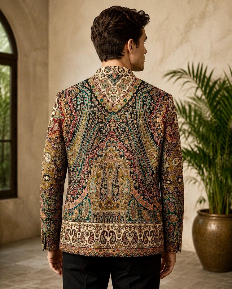 Mens Kani Jamawar Jodhpuri style Jacket, Woven Paisley . US sizes 38-46