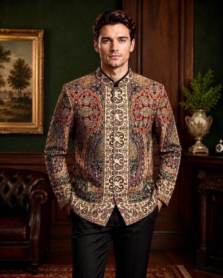 Mens Kani Jamawar Jodhpuri style Jacket, Woven Paisley . US sizes 38-46 - size 38