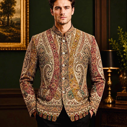 Mens Kani Jamawar Jodhpuri style Jacket, Woven Paisley . US sizes 38-44 - Size 40