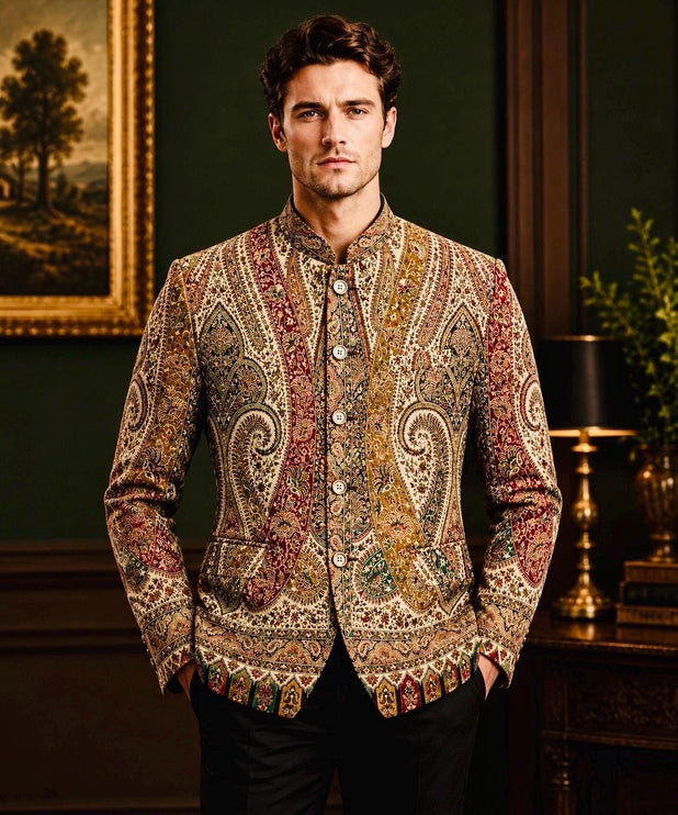 Mens Kani Jamawar Jodhpuri style Jacket, Woven Paisley . US sizes 38-44 - Size 40